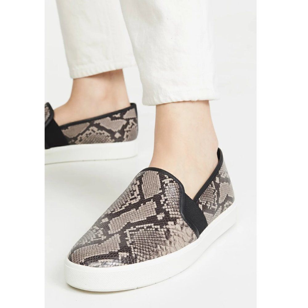 VINCE Blair 5 Snakeskin Print Leather Slip On Sneakers in Taupe Women's 7.5